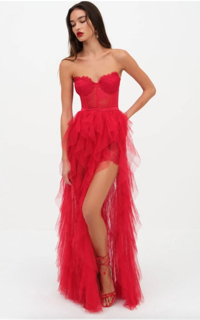 For Love & Lemons Bustier Gown Red Lace Corset Tulle High Low Maxi Dress Small
